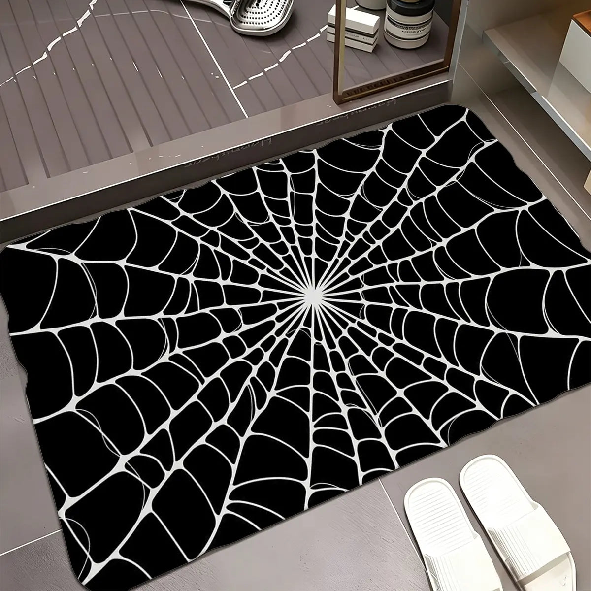 Black & White Spider Web Bath Mat, Flannel Floor Rug for Bathroom, Bold Halloween Home Decor for Shower Tub Bedroom Entryway Dorm Room, Seasonal Housewarming Birthday Christmas Gift