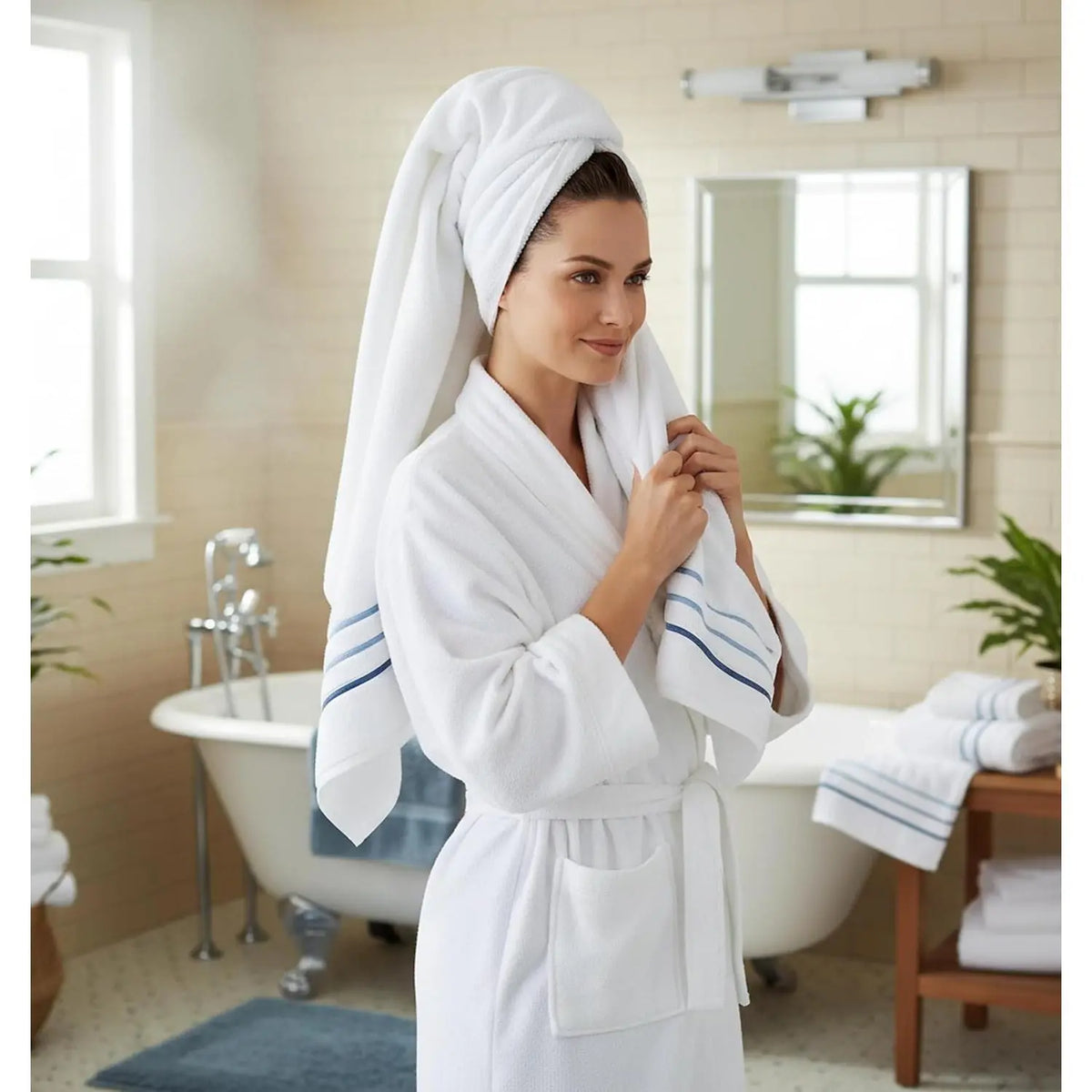 Bath Towels Set for Bathroom – Luxury 6-Piece Cotton Towels, Soft Absorbent & Quick Dry, 600 GSM Bath Towels for Bathroom, Hotel Spa Quality (White/Blue Azure, 6- Bath Towel Set)