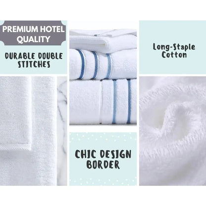 Bath Towels Set for Bathroom – Luxury 6-Piece Cotton Towels, Soft Absorbent & Quick Dry, 600 GSM Bath Towels for Bathroom, Hotel Spa Quality (White/Blue Azure, 6- Bath Towel Set)