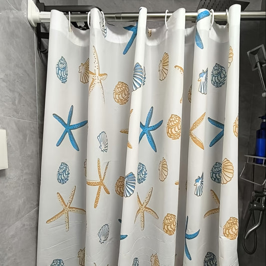 1pc PEVA Ocean Theme Bathroom Shower Curtain with Starfish and Seashell, No Drilling Required, Includes 12 Shower Curtain Hooks
