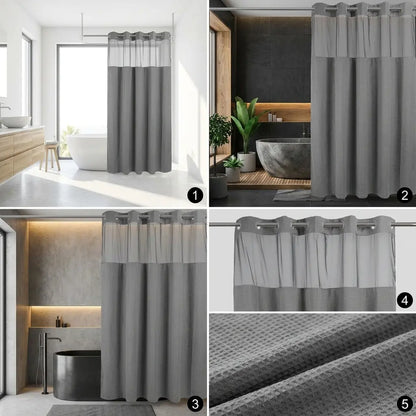 72x75 in Solid Double-Layer Fabric Shower Curtain Set - Waterproof Straight Waffle Weave, Snap-in Liner, Top Sheer Window, Adjustable Rod Compatible, Non-Slip, Modern Dark Grey, Water-Draining Home Bathroom Accessory, Shower Curtains