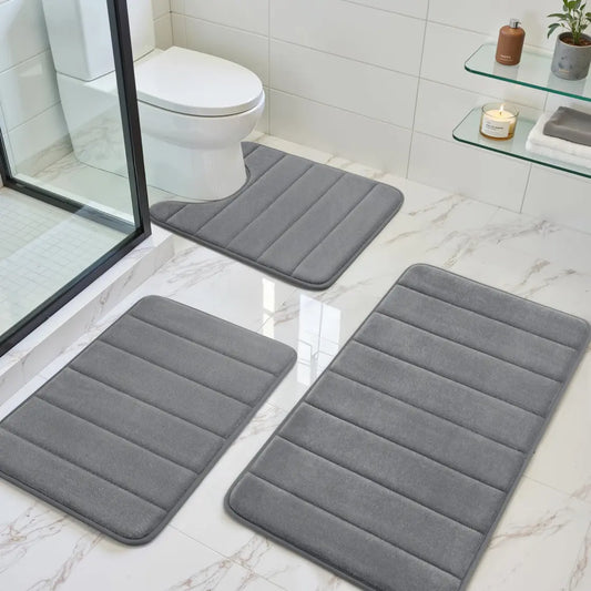 3 Piece Luxury Memory Foam Bathroom Mat Set, Soft Absorbent Quick Dry Non‑Slip Washable Bath Rugs for Shower Toilet Vanity