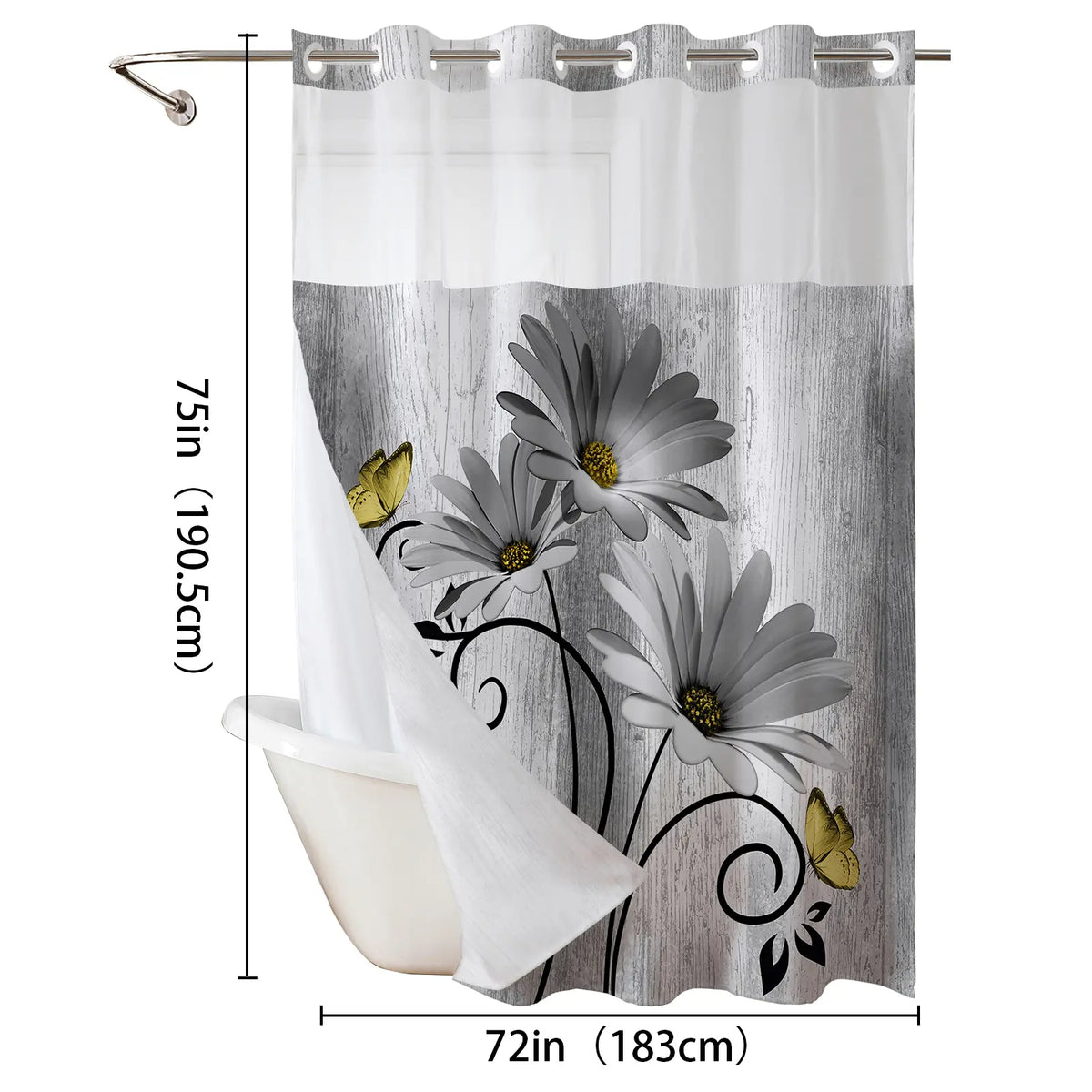 No hooks double-layer Daisy printed shower curtain, Waterproof fabric,Modern style home decoration, hotel, dormitory and bathroom accessories, 72x75in