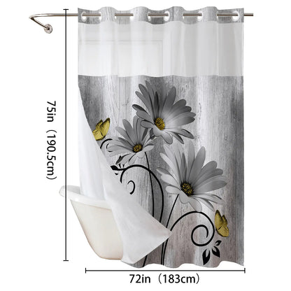 No hooks double-layer Daisy printed shower curtain, Waterproof fabric,Modern style home decoration, hotel, dormitory and bathroom accessories, 72x75in