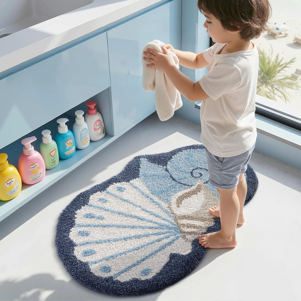 LUMI Thick Ocean Shell Beach Bathroom Rug, Non-Slip Ultra Soft Washable Absorbent Quick Dry Microfiber Mat, 20"x35" for Shower Floor, Bathroom Decor