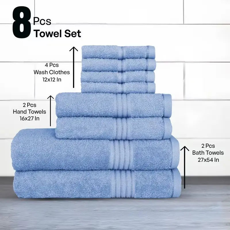 Hurbane Home Unisex Plain 8-Count 100% Pure Cotton Set - 2 Bath Towels, 2 Hand Towels, 4 Washcloths, Super Soft, Water Absorbent, Pouch Pack for Bathroom Home Use