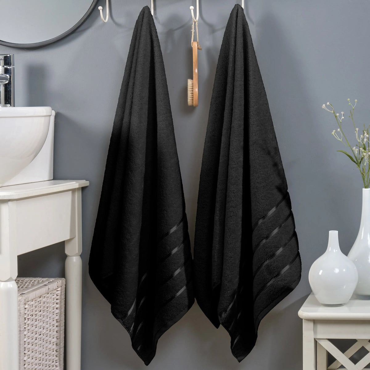 Mocassi Fluffy Thick 2-Pack Premium Turkish Cotton 4-Line Stripe Bath Towel Set, Absorbent Breathable Water-Absorbent Body Towels, 27x54 in