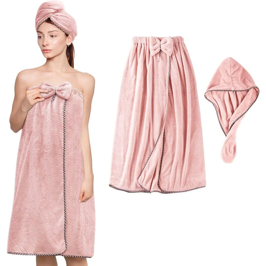 Female 2-Pcs Microfiber Bathroom Towel Bath Wrap - Adjustable Velcro, Premium Bath Towels, Synthetic Super Absorbent for Quick Drying Hair & Body, Pink (Suitable for Shower, Spa)