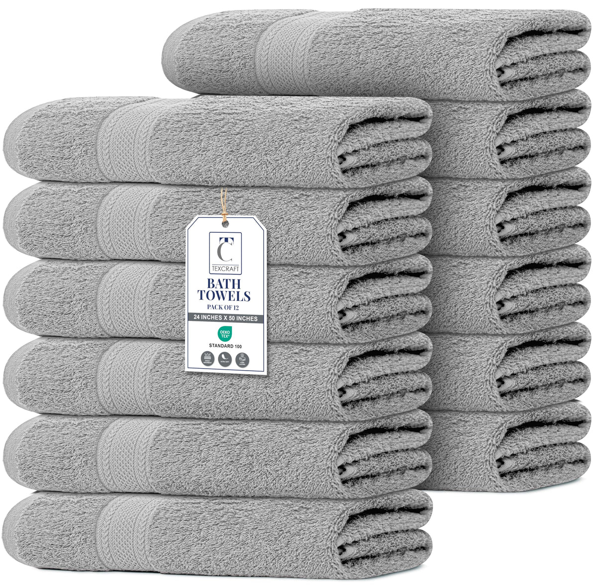 Large Bath Towels Set of 6 – 100% Cotton Terry – 24" x 50" – Quick Dry, Soft & Highly Absorbent – Grey Towels for Bathroom, Gym, Spa, Pool & Daily Use