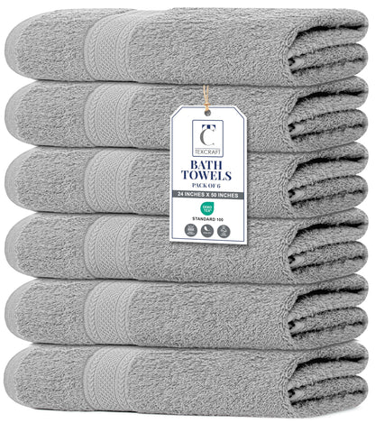 Large Bath Towels Set of 6 – 100% Cotton Terry – 24" x 50" – Quick Dry, Soft & Highly Absorbent – Grey Towels for Bathroom, Gym, Spa, Pool & Daily Use