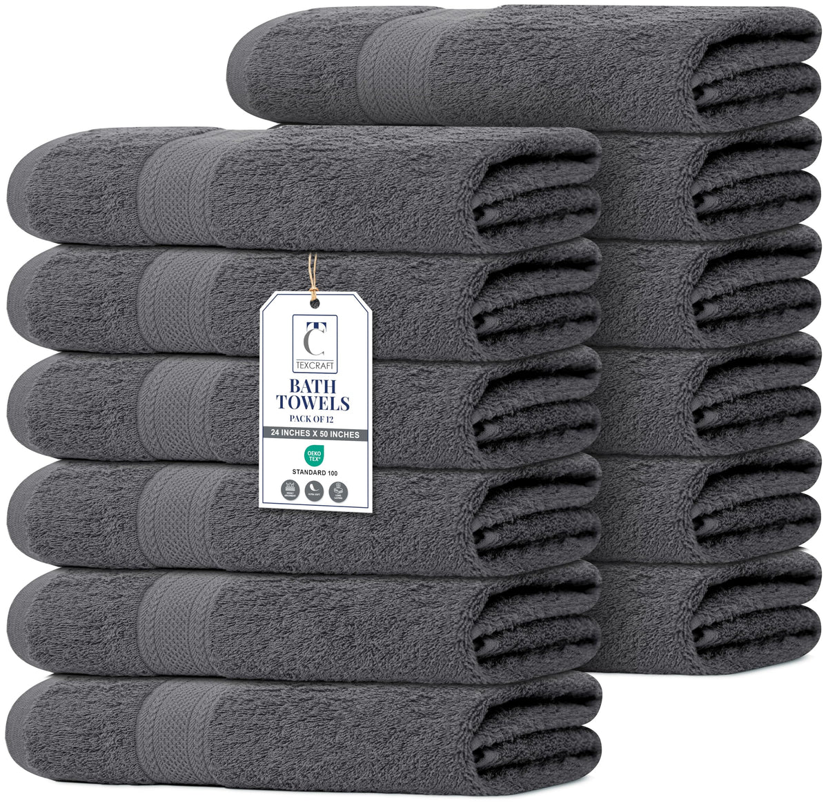 Large Bath Towels Set of 6 – 100% Cotton Terry – 24" x 50" – Quick Dry, Soft & Highly Absorbent – Grey Towels for Bathroom, Gym, Spa, Pool & Daily Use