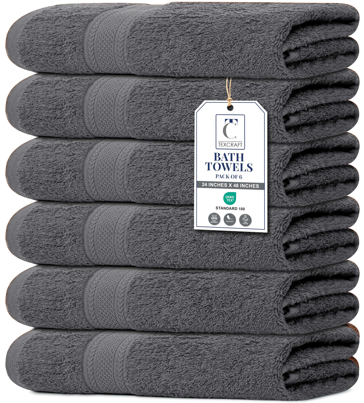 Large Bath Towels Set of 6 – 100% Cotton Terry – 24" x 50" – Quick Dry, Soft & Highly Absorbent – Grey Towels for Bathroom, Gym, Spa, Pool & Daily Use