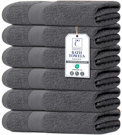 Large Bath Towels Set of 6 – 100% Cotton Terry – 24" x 50" – Quick Dry, Soft & Highly Absorbent – Grey Towels for Bathroom, Gym, Spa, Pool & Daily Use