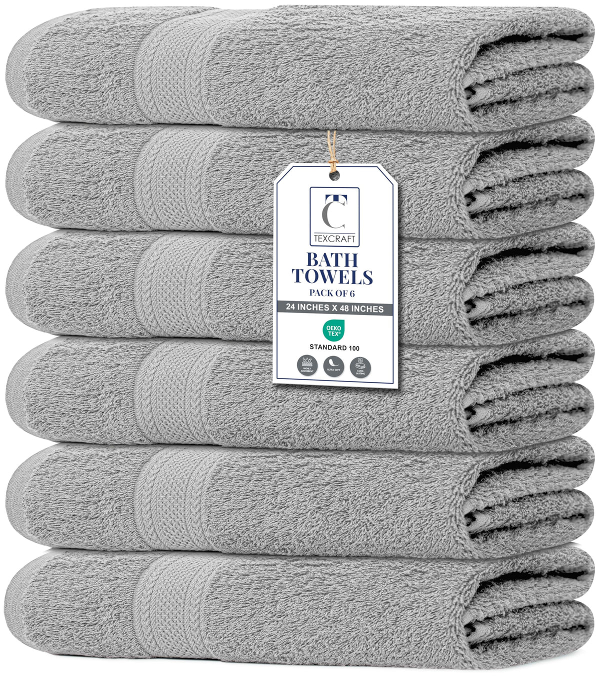 Large Bath Towels Set of 6 – 100% Cotton Terry – 24" x 50" – Quick Dry, Soft & Highly Absorbent – Grey Towels for Bathroom, Gym, Spa, Pool & Daily Use