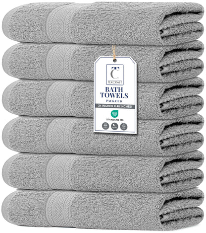 Large Bath Towels Set of 6 – 100% Cotton Terry – 24" x 50" – Quick Dry, Soft & Highly Absorbent – Grey Towels for Bathroom, Gym, Spa, Pool & Daily Use