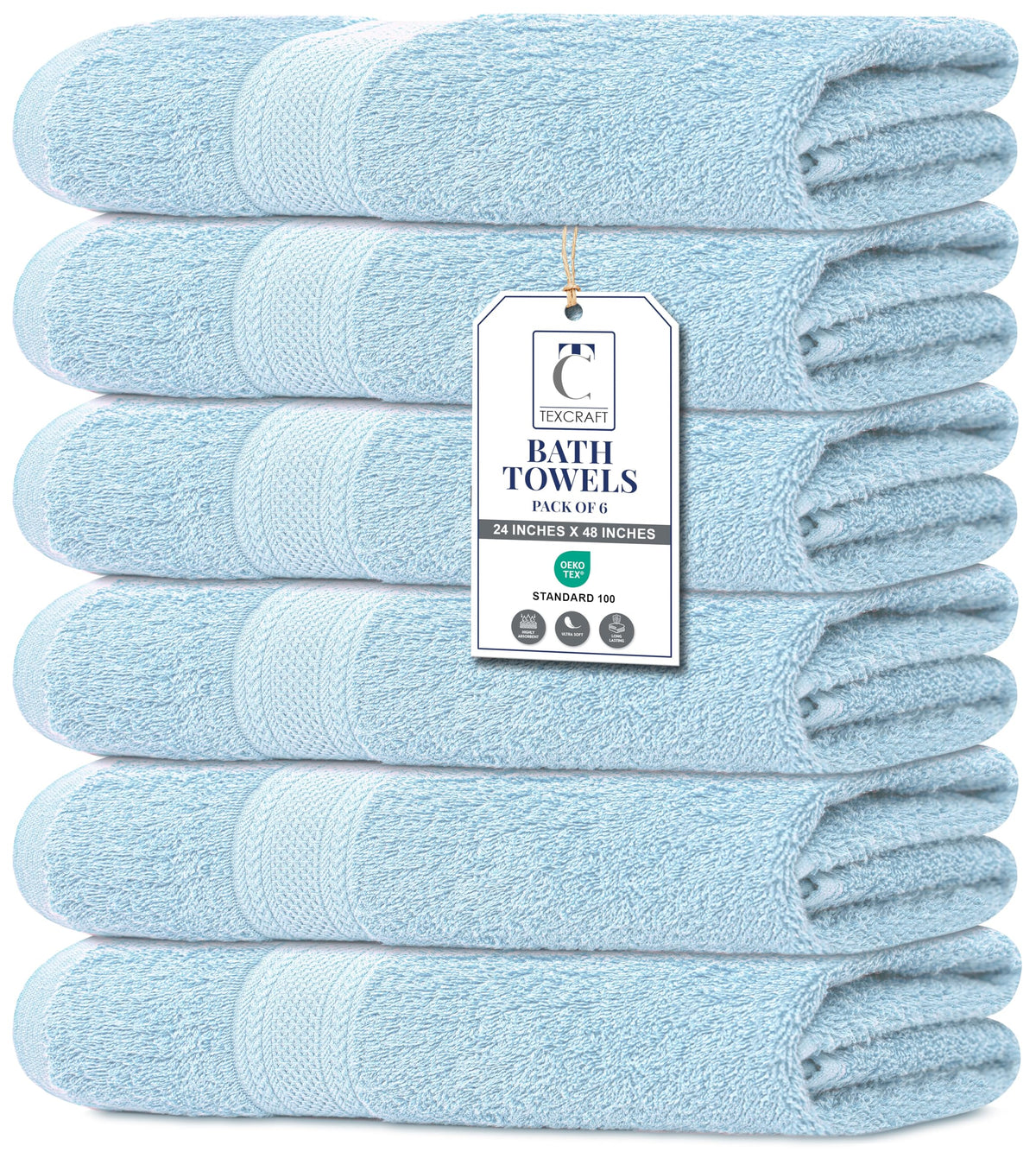 Large Bath Towels Set of 6 – 100% Cotton Terry – 24" x 50" – Quick Dry, Soft & Highly Absorbent – Grey Towels for Bathroom, Gym, Spa, Pool & Daily Use