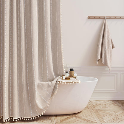 BTTN Cream Boho Farmhouse Linen Heavy Duty Shower Curtain Set, 72x72, Beige