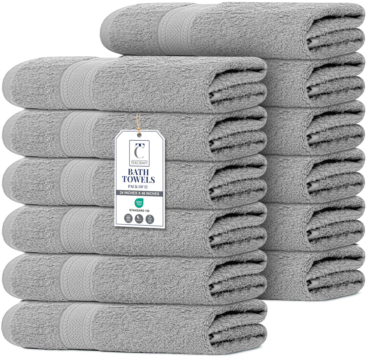 Large Bath Towels Set of 6 – 100% Cotton Terry – 24" x 50" – Quick Dry, Soft & Highly Absorbent – Grey Towels for Bathroom, Gym, Spa, Pool & Daily Use