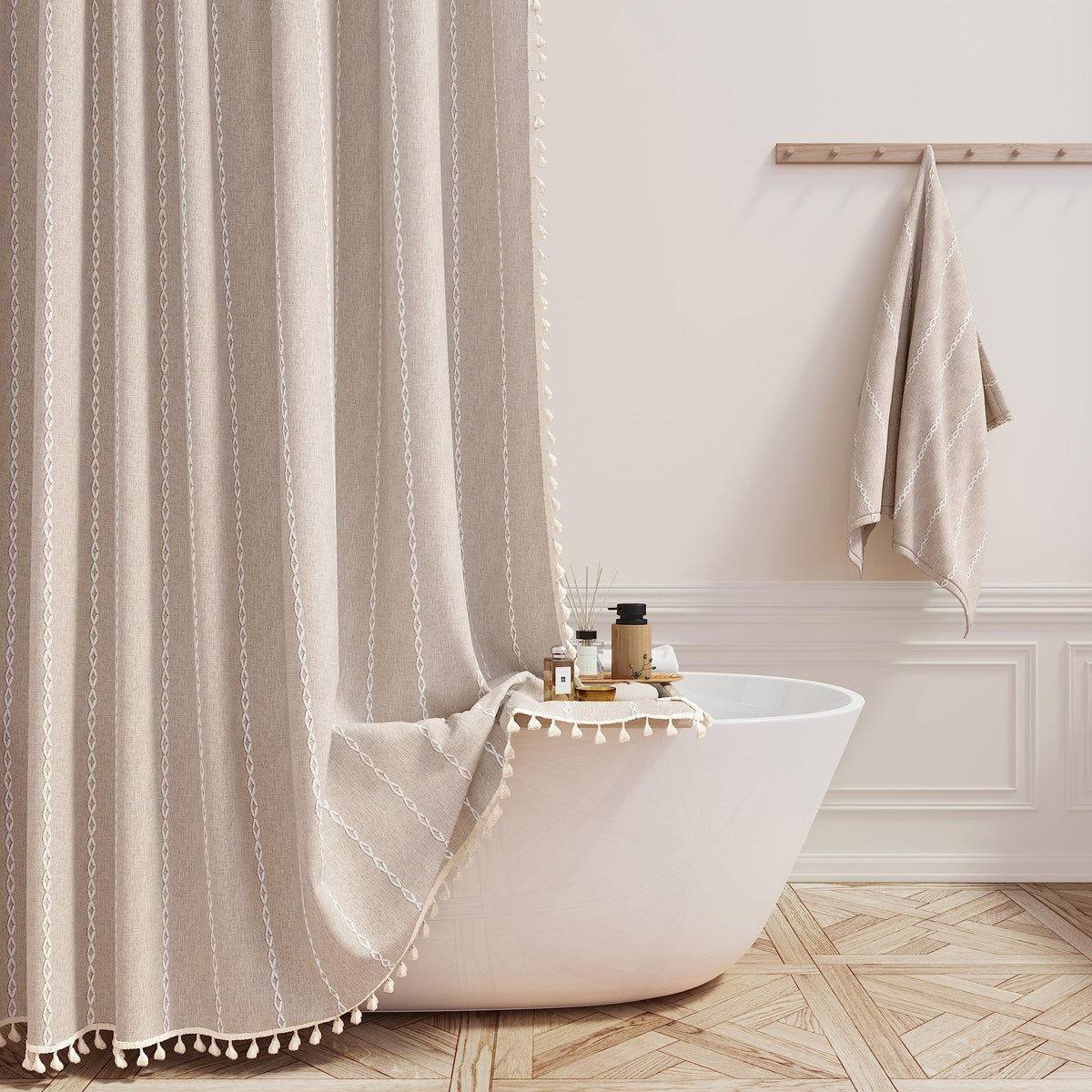 BTTN Cream Boho Farmhouse Linen Heavy Duty Shower Curtain Set, 72x72, Beige