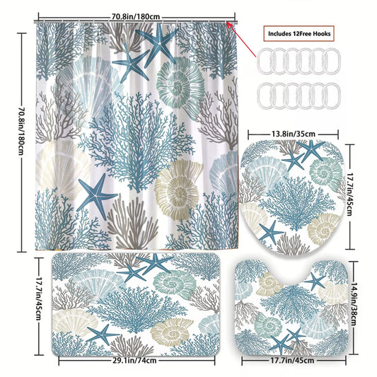 Seaside vacation style coral shell starfish pattern shower curtain, 4-piece bathroom set