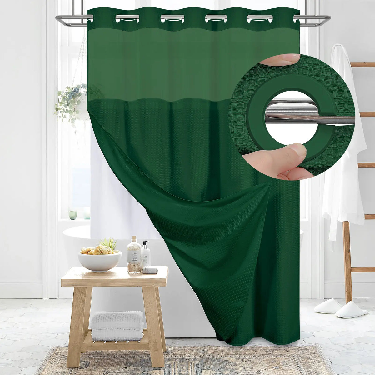 DYNAMENE Premium No-Hook Washable Waffle Weave Shower Curtain Set, Heavy-Duty Double Layer with Snap-In Detachable Waterproof Liner & Mesh Window, Contemporary Matte Finish Bathroom Accessory for Hotel-Inspired Bathroom Look