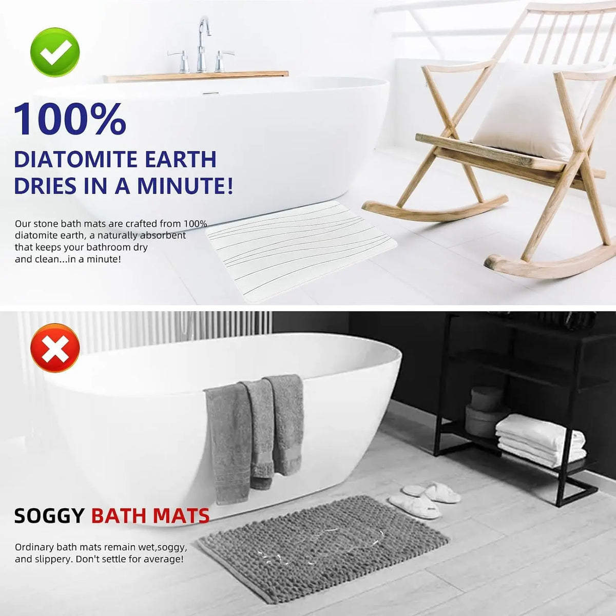 Stone Bath Mat for Bathroom, Diatomaceous Earth Mat - Fast-Drying, Non-Slip, Super Absorbent (23.6"×15.4" White Flow)
