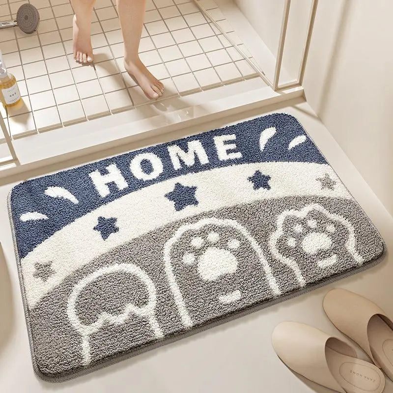 Cute Cartoon Dinosaur Faux Cashmere Bath Mat, Soft Water‑Absorbent Non‑Slip Floor Rug, Woop Pattern Decor Doormat for Bathroom Toilet Entryway Hallway Home Decoration