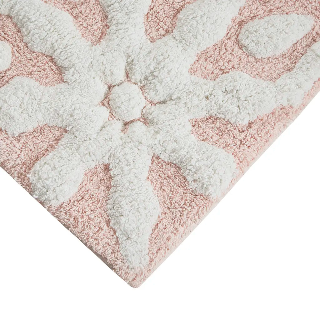 Cotton Tufted Bath Rug with Medallion Design, Plush Absorbent Bathroom Mat for Tub Shower Vanity, Machine Washable, Non-Slip Backing Recommended, 20x30 Inches, Pink