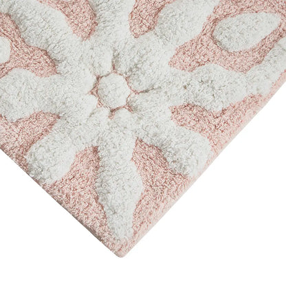 Cotton Tufted Bath Rug with Medallion Design, Plush Absorbent Bathroom Mat for Tub Shower Vanity, Machine Washable, Non-Slip Backing Recommended, 20x30 Inches, Pink