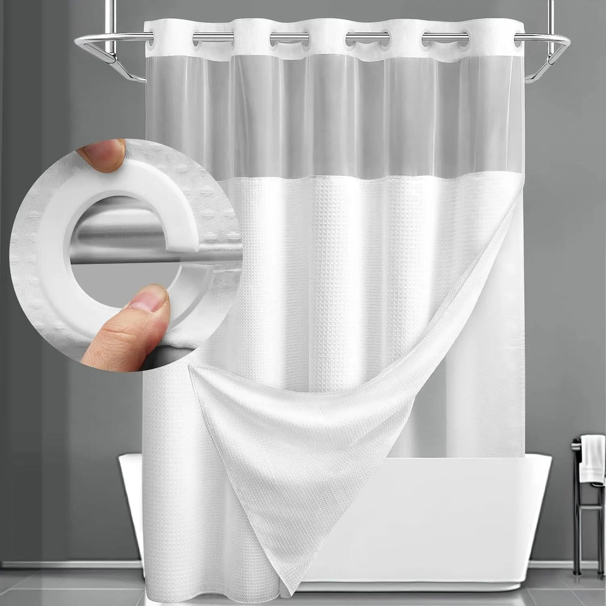 White Shower Curtain with Snap in Liner -No Hooks Waffle-Pattern Shower Curtain Double Layer Shower Curtain -Fabric Waterproof Inner Liner,Bathroom Accessory for Home, Hotel, Salon & Dormitory Decor