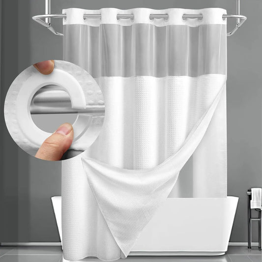 White Shower Curtain with Snap in Liner -No Hooks Waffle-Pattern Shower Curtain Double Layer Shower Curtain -Fabric Waterproof Inner Liner,Bathroom Accessory for Home, Hotel, Salon & Dormitory Decor