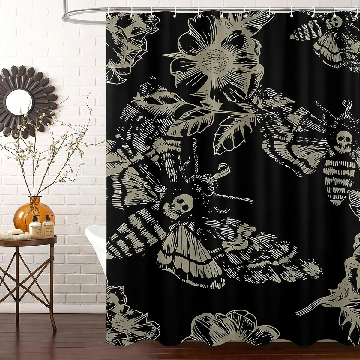 1PC Gothic Skull Moth Flower Decorative Shower Curtain, Bathroom Shower Curtains, Waterproof Dark Goth Art Bath Curtain with Hooks, Easy Install & Maintain, Mysterious Dark Bathroom Decor