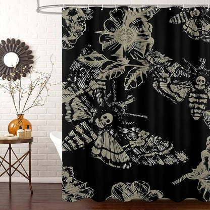 1PC Gothic Skull Moth Flower Decorative Shower Curtain, Bathroom Shower Curtains, Waterproof Dark Goth Art Bath Curtain with Hooks, Easy Install & Maintain, Mysterious Dark Bathroom Decor