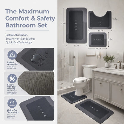 Home Supplies 3-Pack Natural Diatomite Bath Mats, Thin Frame, Low-Profile Anti-Skid, Soft, Absorbent, Fast Drying, Stain-Resistant, Machine Washable, Non-Slip Rubber Backing for Bathroom & Kitchen, Minimalist, Classic