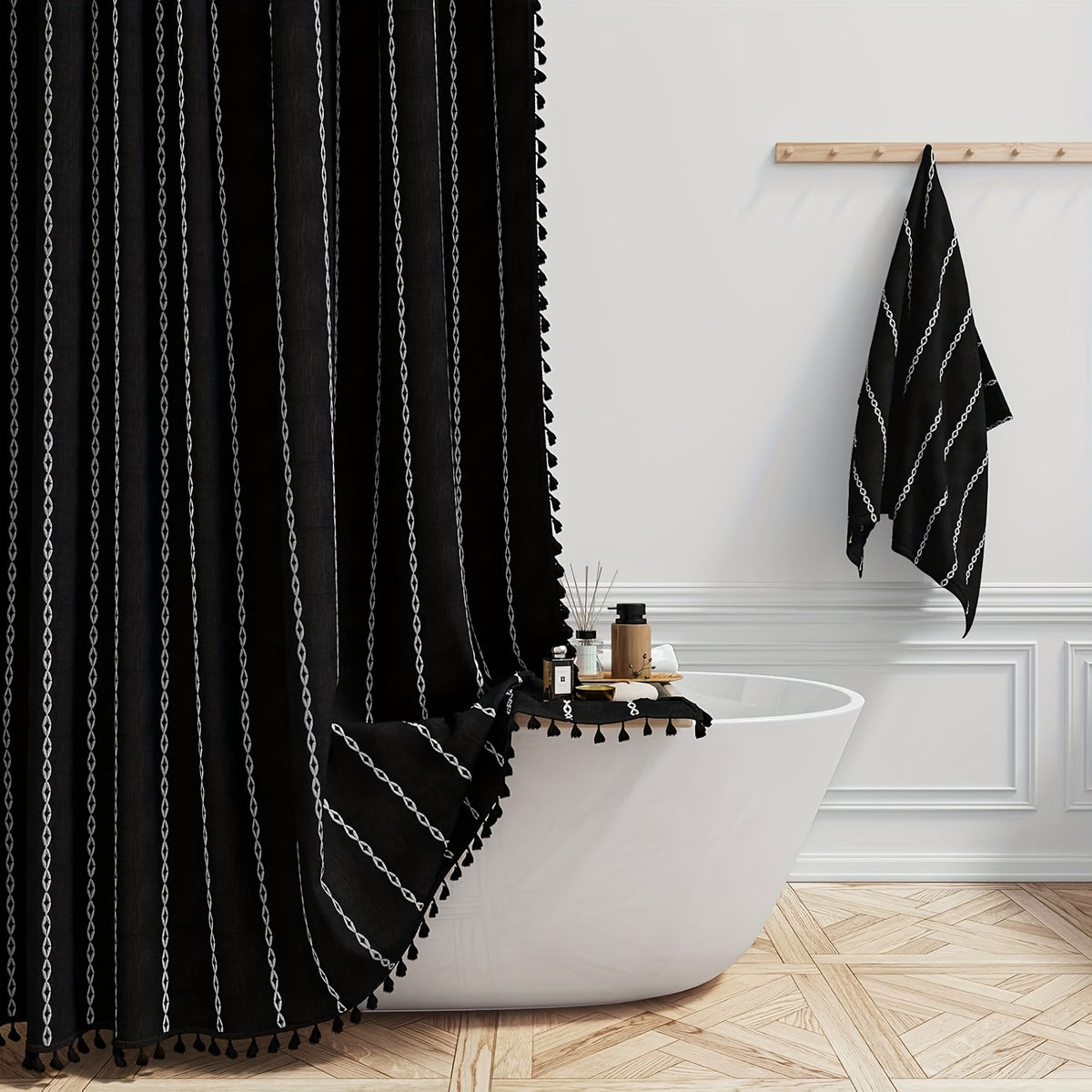 1pc Striped Polyester Shower Curtain, 72" x 72", Bohemian Style Vertical Stripe Texture with White Hooks Included