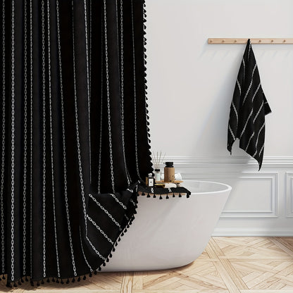 1pc Striped Polyester Shower Curtain, 72" x 72", Bohemian Style Vertical Stripe Texture with White Hooks Included