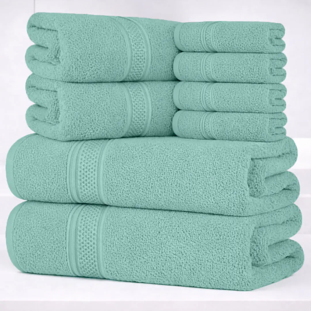 Hurbane Home Unisex Plain 8-Count 100% Pure Cotton Set - 2 Bath Towels, 2 Hand Towels, 4 Washcloths, Super Soft, Water Absorbent, Pouch Pack for Bathroom Home Use