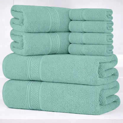 Hurbane Home Unisex Plain 8-Count 100% Pure Cotton Set - 2 Bath Towels, 2 Hand Towels, 4 Washcloths, Super Soft, Water Absorbent, Pouch Pack for Bathroom Home Use