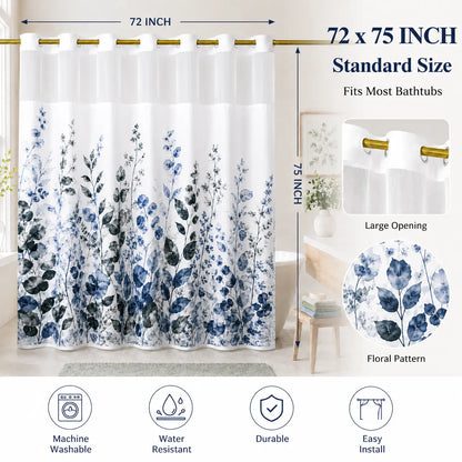 Hookless Shower Curtain with Snap-in Liner, Double Layer Floral Botanical Shower Curtain Set, Sheer Top Window, Waterproof & Washable Bathroom Curtain, 72 x 75 Inch