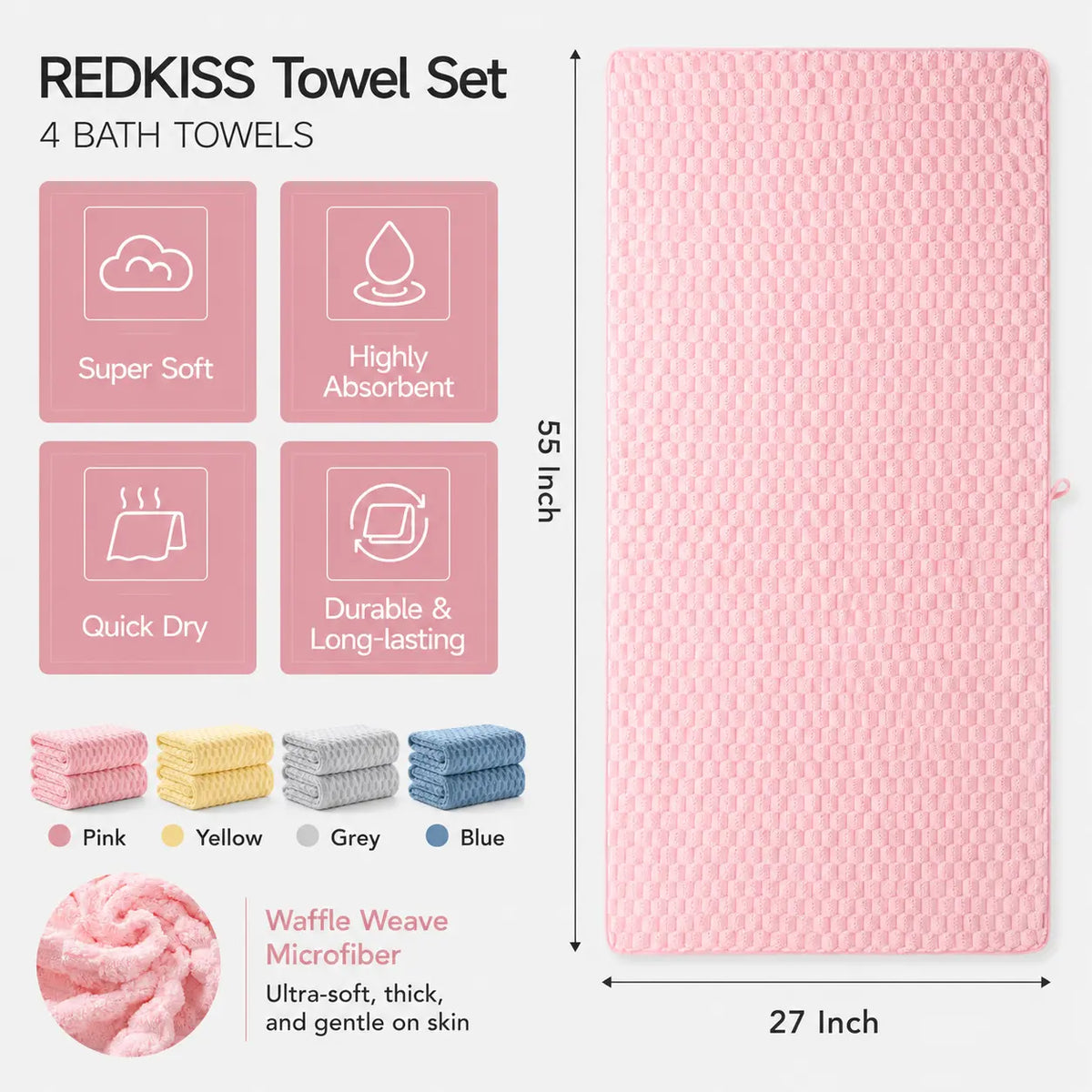 REDKISS 4-Pack 180g Microfiber Body Towels - Extra Large, Luxury Plush Waffle, Quick Drying Absorbent Multifunctional, Cold Wash Compatible for Bathroom, Spa