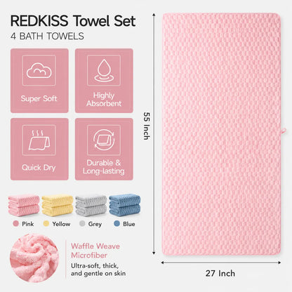 REDKISS 4-Pack 180g Microfiber Body Towels - Extra Large, Luxury Plush Waffle, Quick Drying Absorbent Multifunctional, Cold Wash Compatible for Bathroom, Spa