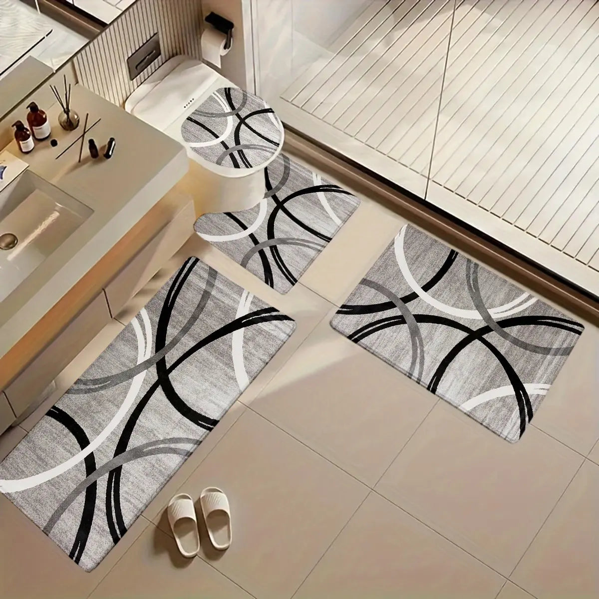DearTex 3-4pcs Geometric Curved Line Thick Modern Flannel Bath Rug Set - Anti-Skid Custom-Shaped Non-Slip Rubber Water-Absorbent Mats with Washable U-Shaped Toilet Lid Cover Bathroom Accessories, Anti-Skid Bath Mats, Custom-Shaped Bath Mats
