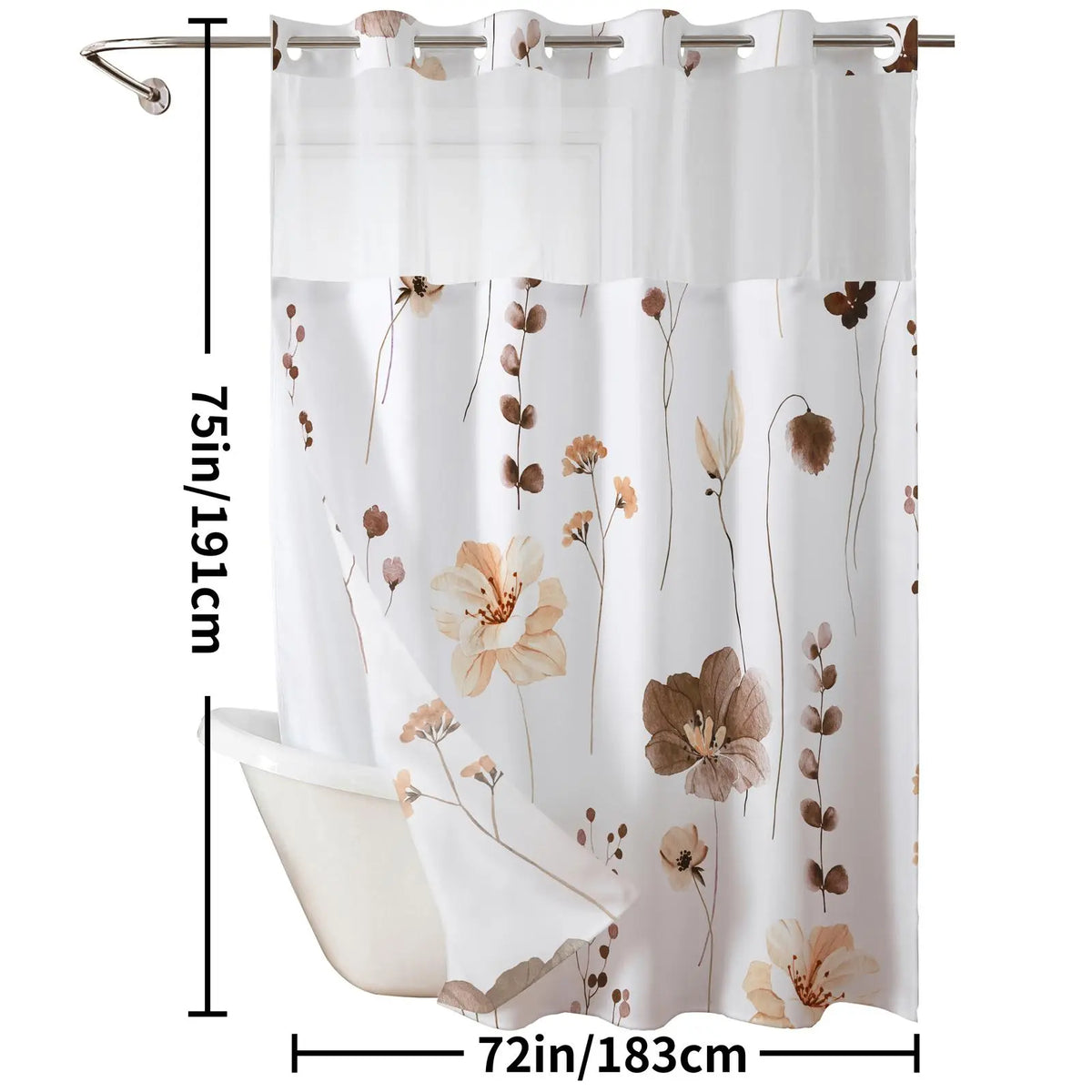 Ink and wash Floral double-layer shower curtain, no hooks, fresh country style home decoration, bathroom accessories, 72x75in