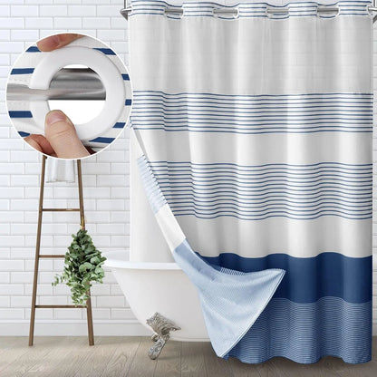 Striped Geometric Double-Layer No Hook Shower Curtain, Mesh Top Window, Hook-Free Design, Easy Installation, Farmhouse, Hotel, Modern Home Decoration, 72x75in