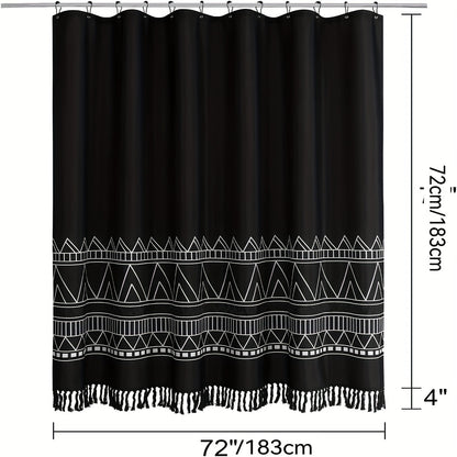 1pc Black Fabric Boho Shower Curtain Set with Hooks, Modern Farmhouse Shower Curtains for Country Bathroom Decor, Abstract Tribal Geometric Shower Curtain, 72"W X 72"H