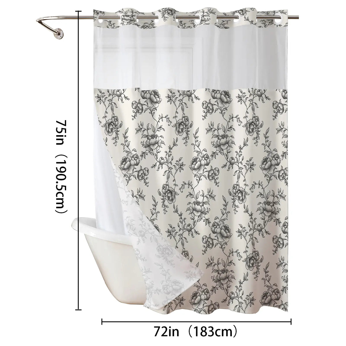 Peony Print Linen Shower Curtain, Sheer Splice Linen Fabric, Waterproof Double Layer Mildew Resistant No Drill Bath Curtain for Home & Homestay 72''*75''inch