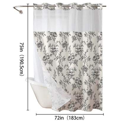 Peony Print Linen Shower Curtain, Sheer Splice Linen Fabric, Waterproof Double Layer Mildew Resistant No Drill Bath Curtain for Home & Homestay 72''*75''inch