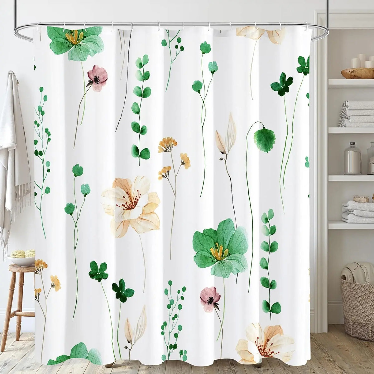 Modern Sage Green and Beige Floral Shower Curtain with Included Hooks