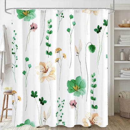 Modern Sage Green and Beige Floral Shower Curtain with Included Hooks