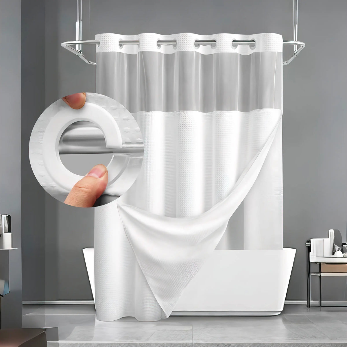 Hookless Shower Curtain and Liner Set - Snap-In Hooks, Plastic Fast-Dry Fabric, Waffle Pattern, Waterproof, Mildew-Blocking, Modern Aesthetic Home Bathroom Accessory